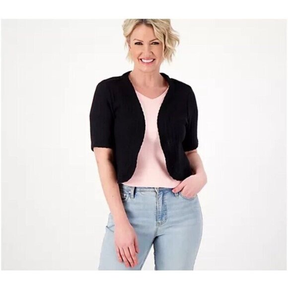 Isaac Mizrahi Sweaters - Isaac Mizrahi Live Elbow Sleeve Crop Shrug Womens Plus Size 1X Black Open Front